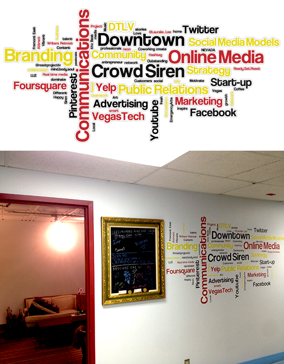 Custom wall graphics for the Crowd Siren offices in Emergency Arts, Downtown Las Vegas!