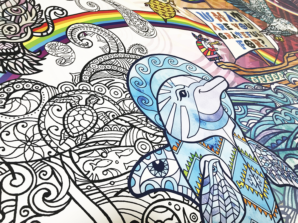 Walls360 custom wall graphics for the launch of The Keepers of Color: A Creative Hero's Journey #HerosJourney #ColoringBook #CafeGratitude #KeepersofCOLOR