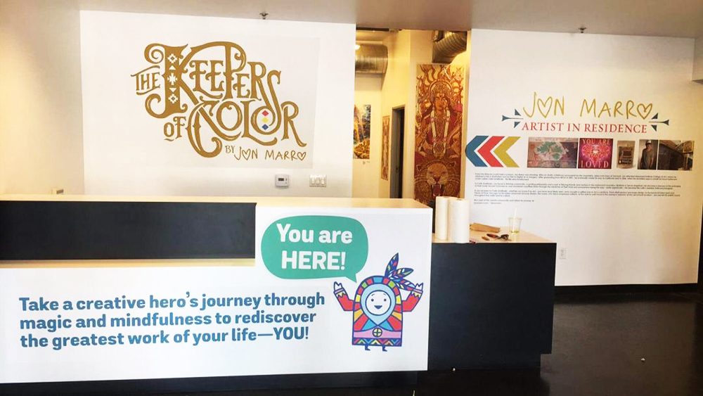 Walls360 custom wall graphics for the launch of The Keepers of Color: A Creative Hero's Journey #HerosJourney #ColoringBook #CafeGratitude #KeepersofCOLOR
